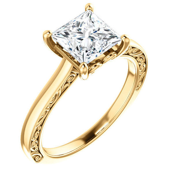 Princess cut Scroll Accented Engagement Ring