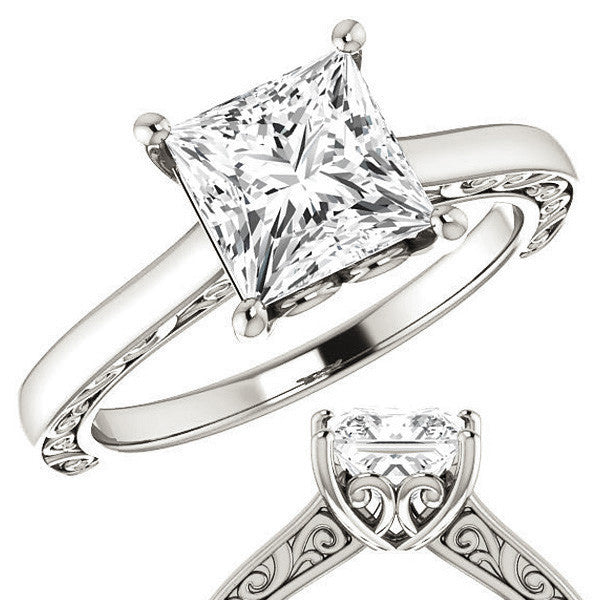 Princess cut Scroll Accented Engagement Ring