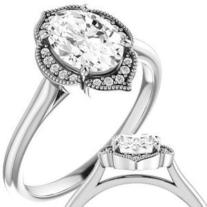 Oval Petite Halo Floral Engagement Ring with Milgrain