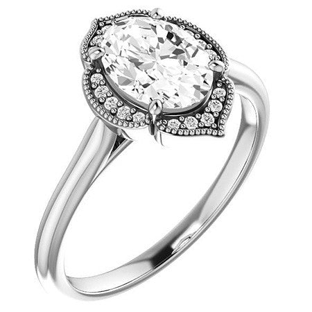 Oval Petite Halo Floral Engagement Ring with Milgrain