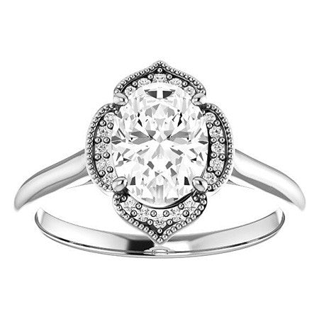 Oval Petite Halo Floral Engagement Ring with Milgrain