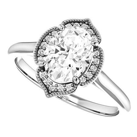 Oval Petite Halo Floral Engagement Ring with Milgrain