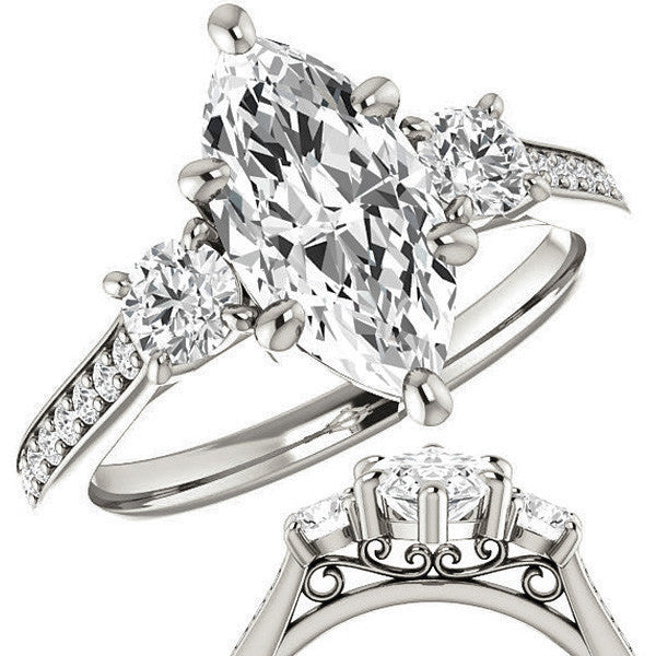 Marquise Three-Stone Moissanite Cathedral Engagement Ring