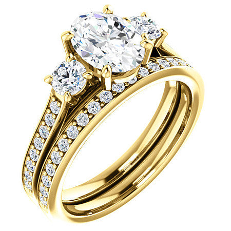 Oval & Round Three-Stone Moissanite Cathedral Engagement Ring