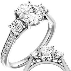Oval & Round Three-Stone Moissanite Cathedral Engagement Ring