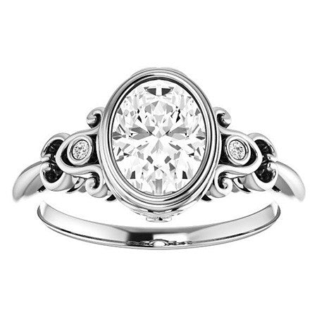 Oval Moissanite Bezel Scroll Engagement Ring