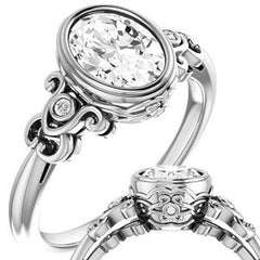 Oval Moissanite Bezel Scroll Engagement Ring