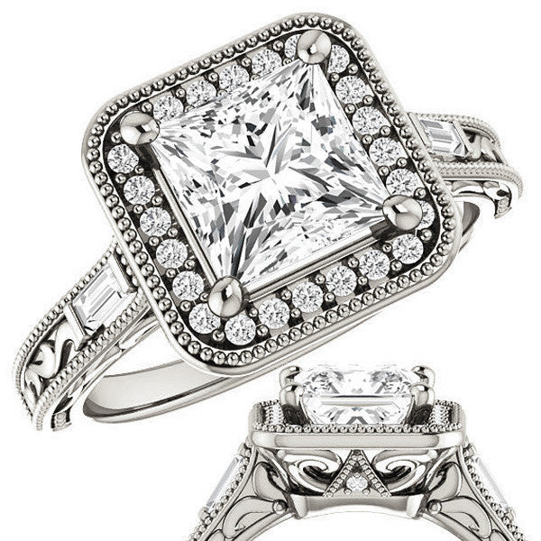 Princess Moissanite & Baguette Halo Engagement with Milgrain