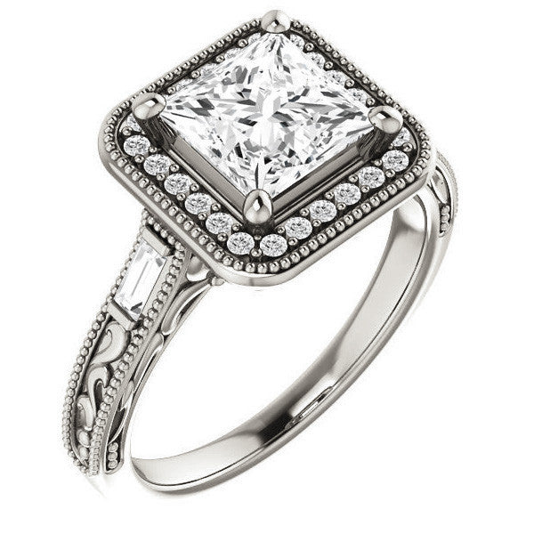 Princess Moissanite & Baguette Halo Engagement with Milgrain
