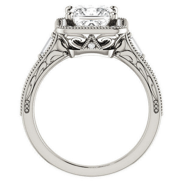 Princess Moissanite & Baguette Halo Engagement with Milgrain