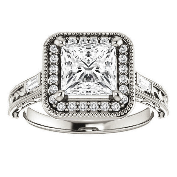 Princess Moissanite & Baguette Halo Engagement with Milgrain