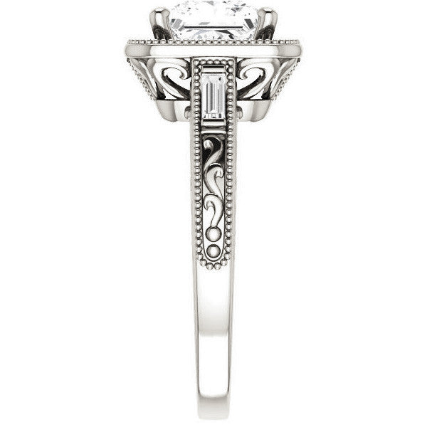 Princess Moissanite & Baguette Halo Engagement with Milgrain