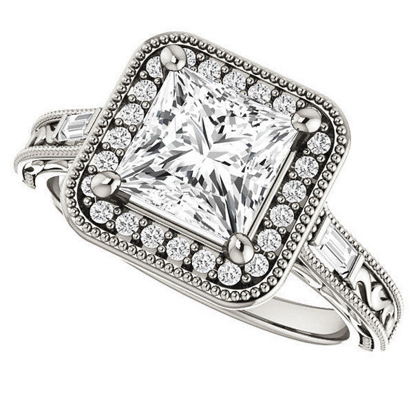 Princess Moissanite & Baguette Halo Engagement with Milgrain