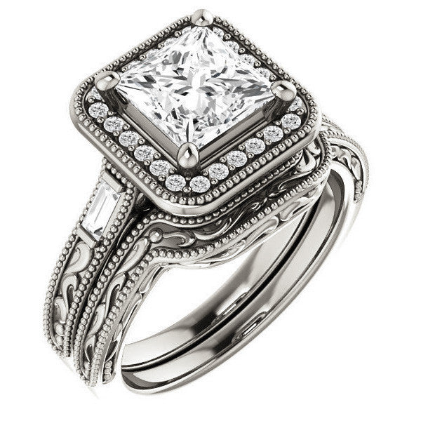 Princess Moissanite & Baguette Halo Engagement with Milgrain