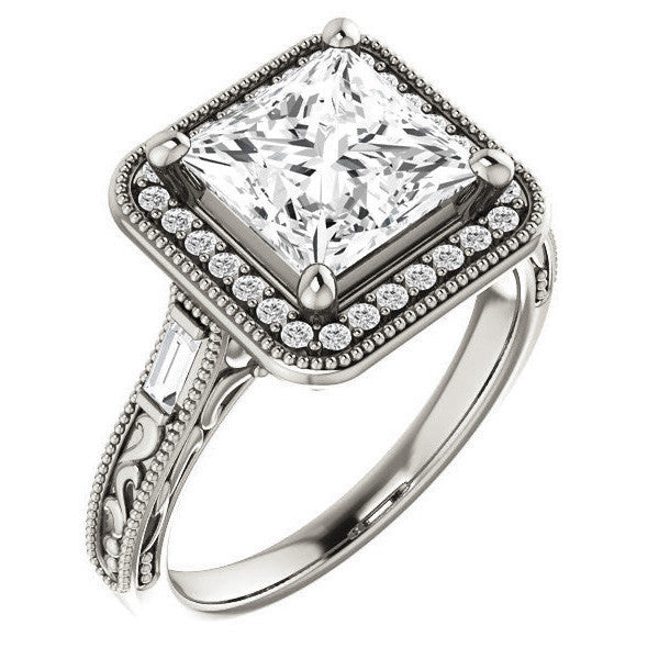 Princess Moissanite & Baguette Halo Engagement with Milgrain