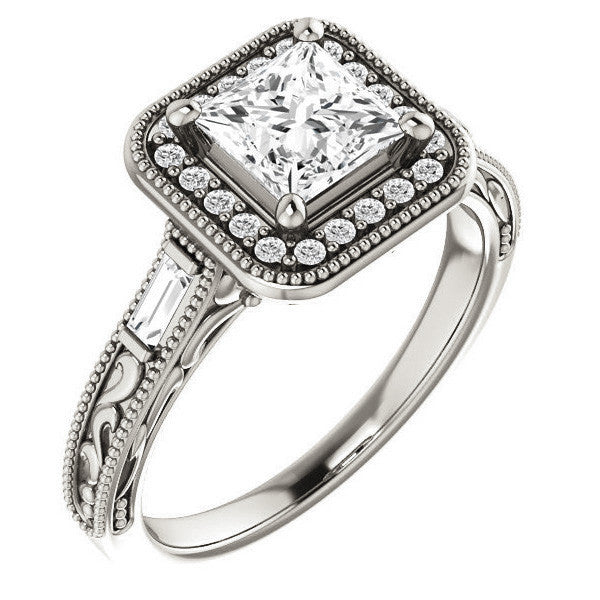 Princess Moissanite & Baguette Halo Engagement with Milgrain