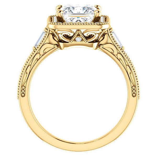 Princess Moissanite & Baguette Halo Engagement with Milgrain