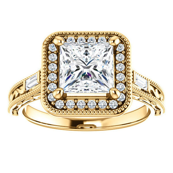 Princess Moissanite & Baguette Halo Engagement with Milgrain