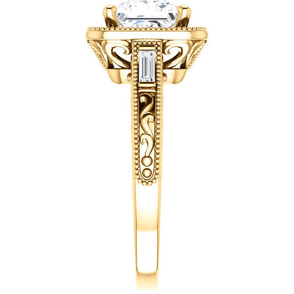 Princess Moissanite & Baguette Halo Engagement with Milgrain