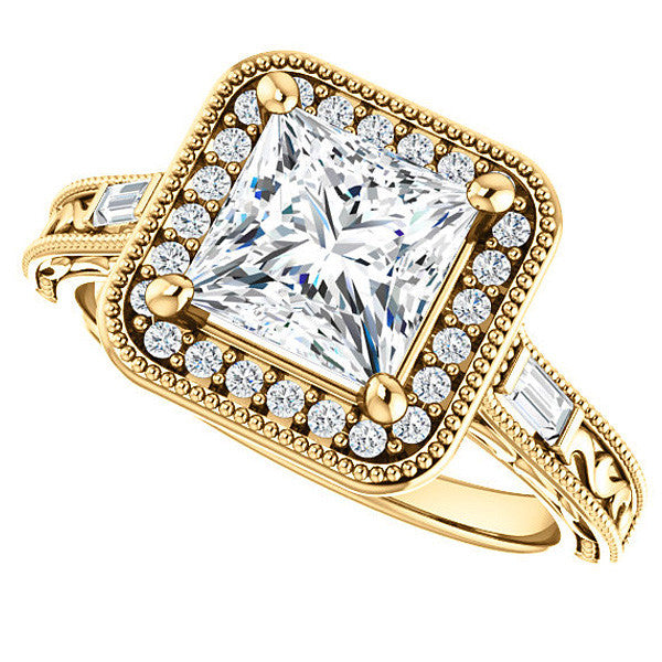 Princess Moissanite & Baguette Halo Engagement with Milgrain
