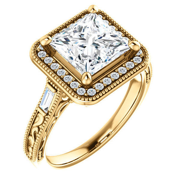 Princess Moissanite & Baguette Halo Engagement with Milgrain