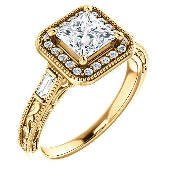 Princess Moissanite & Baguette Halo Engagement with Milgrain