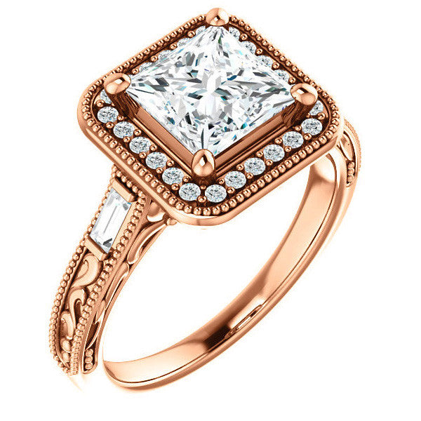 Princess Moissanite & Baguette Halo Engagement with Milgrain