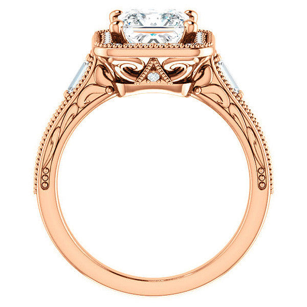 Princess Moissanite & Baguette Halo Engagement with Milgrain