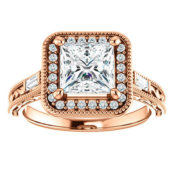 Princess Moissanite & Baguette Halo Engagement with Milgrain
