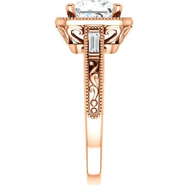 Princess Moissanite & Baguette Halo Engagement with Milgrain