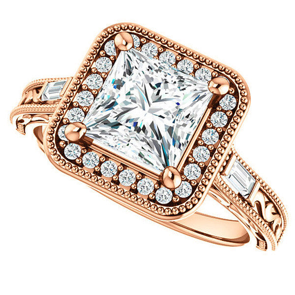 Princess Moissanite & Baguette Halo Engagement with Milgrain