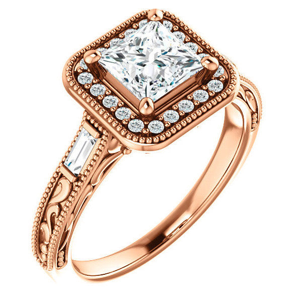 Princess Moissanite & Baguette Halo Engagement with Milgrain