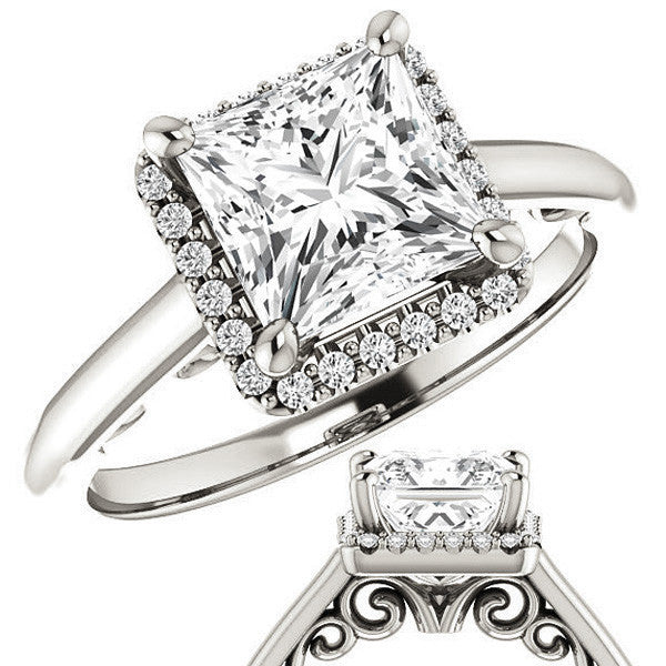 Princess Moissanite Halo Engagement Ring with Scroll