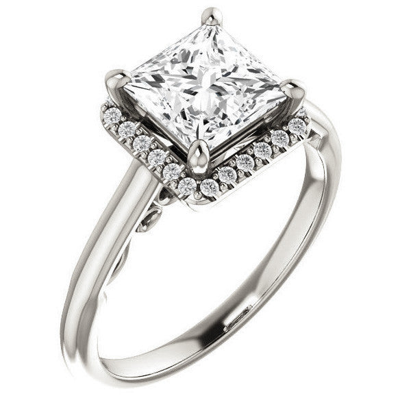 Princess Moissanite Halo Engagement Ring with Scroll