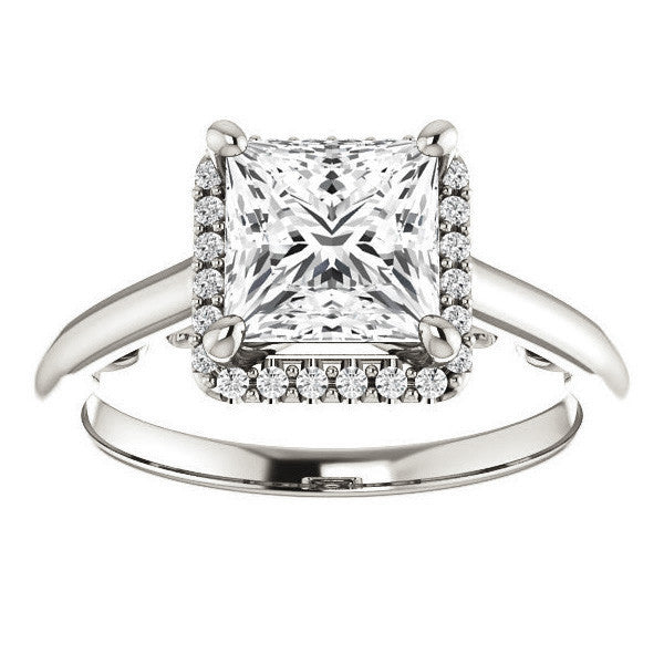 Princess Moissanite Halo Engagement Ring with Scroll