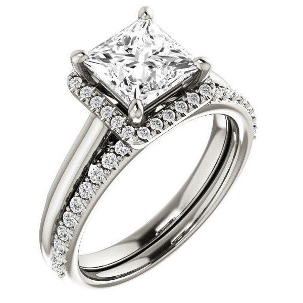 Princess Moissanite Halo Engagement Ring with Scroll