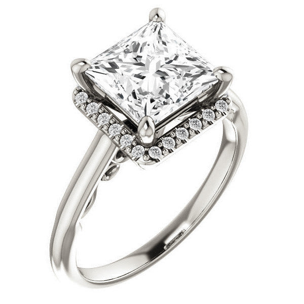 Princess Moissanite Halo Engagement Ring with Scroll