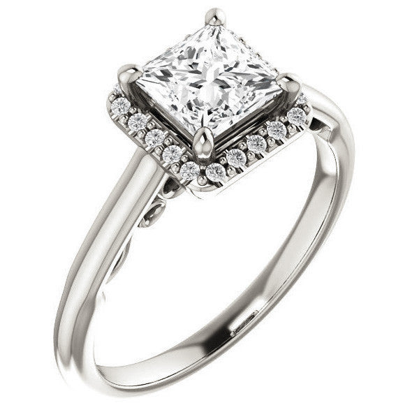 Princess Moissanite Halo Engagement Ring with Scroll