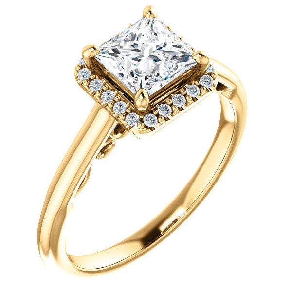 Princess Moissanite Halo Engagement Ring with Scroll