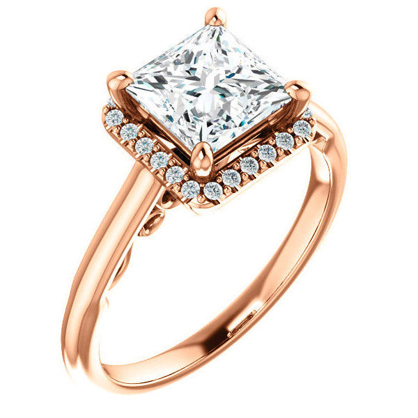 Princess Moissanite Halo Engagement Ring with Scroll