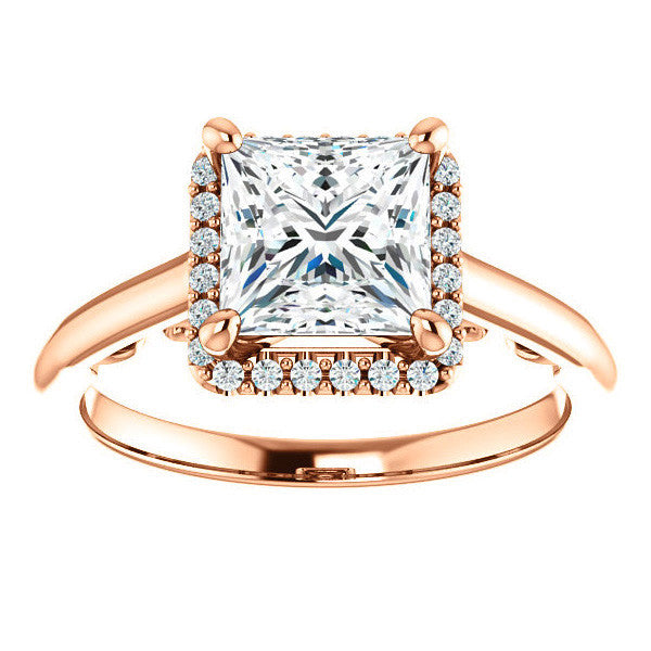 Princess Moissanite Halo Engagement Ring with Scroll