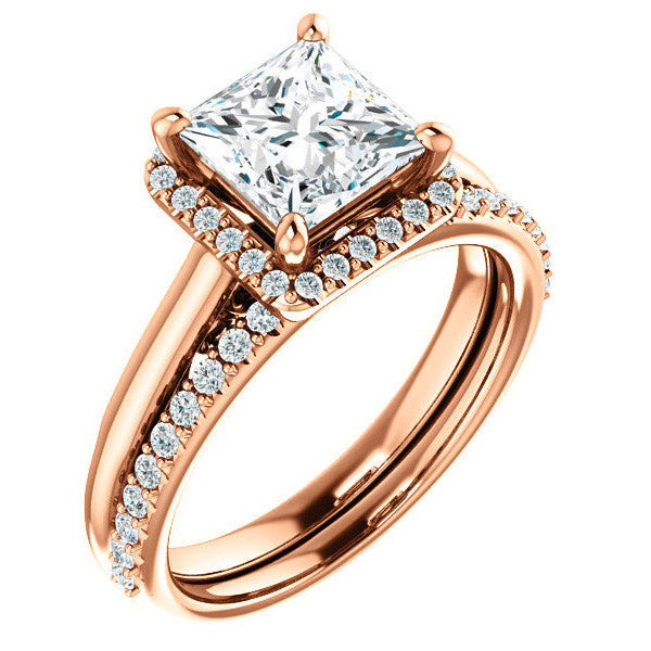 Princess Moissanite Halo Engagement Ring with Scroll