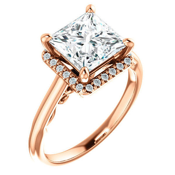 Princess Moissanite Halo Engagement Ring with Scroll