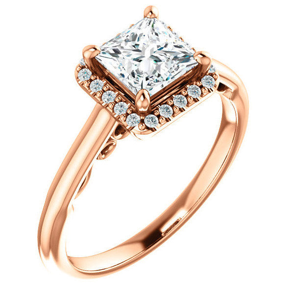 Princess Moissanite Halo Engagement Ring with Scroll