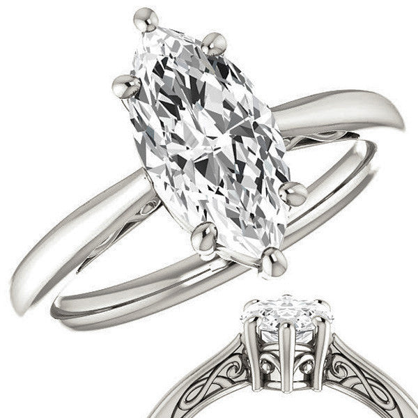 Marquise Moissanite Scroll Accented Solitaire Ring