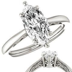 Marquise Moissanite Scroll Accented Solitaire Ring