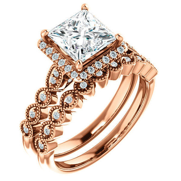 Princess cut Scalloped Halo Engagement Ring
