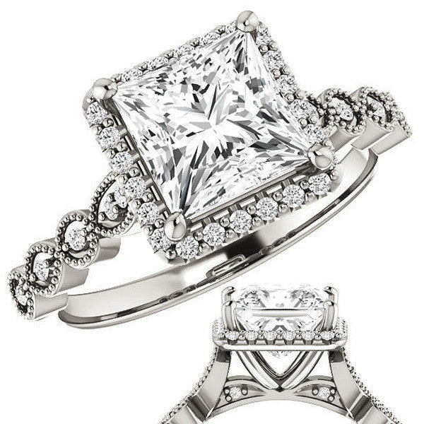 Princess cut Scalloped Halo Engagement Ring