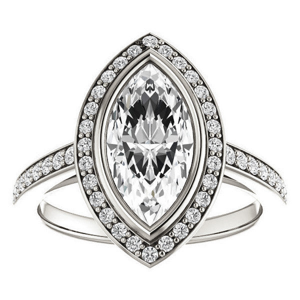 Marquise Cut Moissanite Bezel Halo Engagement Ring