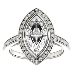 Marquise Cut Moissanite Bezel Halo Engagement Ring